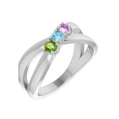 Someone who is looking for a unique gift idea for Mom may find that she'll enjoy this white gold family ring with birthstones. A high polished 14kt gold plain band crosses over where three birthstone gemstones prong set sit. Each 3mm diameter birthstone gemstone can represent one of the twelve months of the year. As snugly as they are held in place by the prongs, the three people represented are beloved by the mother.Create a personalized birthstone ring for that special person in your life! Ring With Birthstones, Birthstone Chart, Birth Stones Chart, Ring For Mom, Family Ring, Gift Idea For Mom, Birthstone Rings, Family Rings, Mother Jewelry