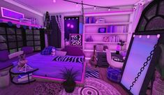 a bedroom with purple lighting and zebra print rugs on the floor, bookshelf in the background