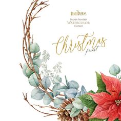 a watercolor christmas wreath with poinsettis and greenery on the side