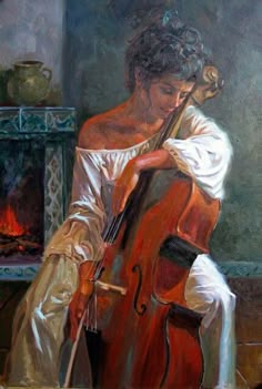 a painting of a woman playing the cello