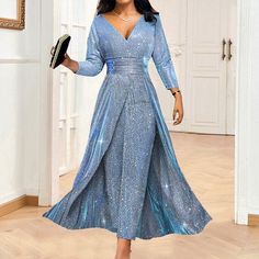 Europe Women Luxury Sequin Sexy Slim-fit Dress V-neck Long Sleeve Big Swing Gown Banquet Dresses, Sequin Jumpsuit, Long Sleeve Sequin, High Waist Fashion, Jumpsuit Fashion, Spring Outfits Casual, Casual Summer Outfits, Zambia, Types Of Skirts