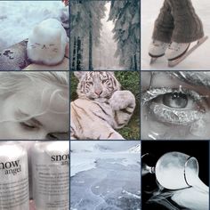 a collage of photos with snow and white things in them, including an open book