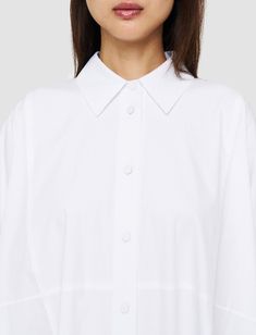 Poplin Dania Dress in White | JOSEPH US Oversized Cotton Shirt Dress With Button Cuffs, Oversized White Cotton Shirt Dress, Cotton Shirt Dress With 3/4 Sleeves For Work, Joseph Fashion, Oversized Shirt Dress, Fabric Covered Button, Wide Cuff, Pesticides, Oversized Shirt