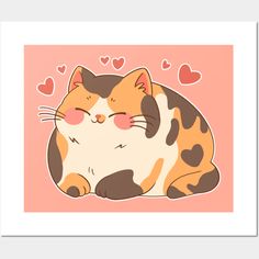 an orange and black cat with hearts on it's chest sleeping in front of a pink background