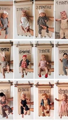 twelve pictures of babies in different outfits hanging on the wall with their names and numbers