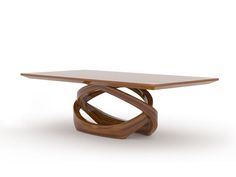 a wooden table sitting on top of a white floor