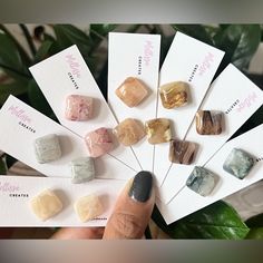 a person holding several different types of rocks in front of some cards with names on them