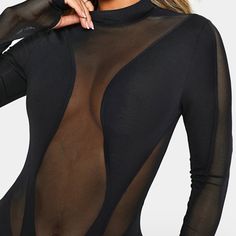 Style: Sexy Color: Black Season: Spring/Autumn Neckline: Round Neck Sleeve Length: Long Sleeve Hem Shaped: Sim Composition: 95% Polyester, 5% Spandex Brand New Long Sleeve Mesh Bodysuit For Night Out, Black Splicing Top For Party, Chic Black Bodysuit With Mesh Sleeves, Black Long Sleeve Sheer Bodysuit, Black Mesh Bodysuit With Mesh Sleeves, Black Sheer Long Sleeve Bodysuit, High Stretch Black Mesh Bodysuit, Black Sheer High Neck Top, Black Fitted Bodysuit With Sheer Sleeves