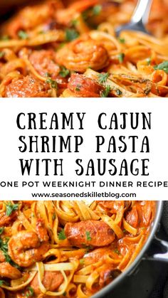 creamy cajun shrimp pasta with sausage in a skillet