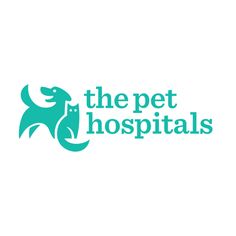 the pet hospital logo with a dog on it's back and words in green