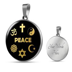 "This Peace Coexist Interfaith Necklace Is the Perfect Gift Whether for Yourself or a Loved One. ➜ Our jewelry is made of high-quality surgical steel with a shatterproof liquid glass coating and an 18k gold finish option. ➜ Engrave onto the back of the Peace Coexist Interfaith pendant your loved one's name, your wedding date, an anniversary, or anything else you want to remember and keep you close to her heart. You can add 2 lines and each up to 20 characters long. Each personalized Peace Coexis Symbolic Stainless Steel Medallion Jewelry, Spiritual Stainless Steel Nickel-free Jewelry, Meaningful Round Stainless Steel Jewelry, Symbolic Personalized Metal Jewelry, Personalized Symbolic Metal Jewelry, Symbolic Stainless Steel Jewelry With Polished Finish, Symbolic Personalized Stainless Steel Jewelry, Personalized Symbolic Stainless Steel Jewelry, Symbolic Hypoallergenic Stainless Steel Jewelry