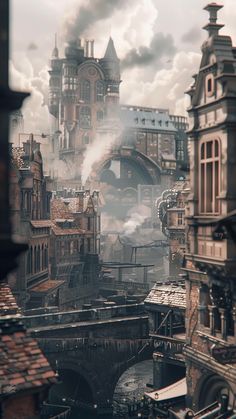 Steampunk city in a fantasy world with bridged and skyscapers.  #steampunk #fantasy #imagination #illustration #industrial Fantasy Industrial City, Steampunk Slums, Magic Punk City, Urban Fantasy Ideas, Steampunk Magic Fantasy Art, Steampunk Environment Concept Art, Medieval Steampunk City, Steampunk World Building