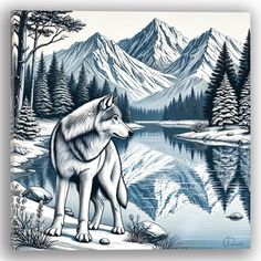 a blue and white drawing of a wolf standing in front of a mountain lake