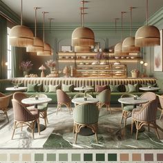 the interior of a restaurant with pastel colors