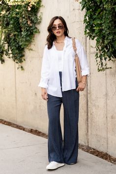 striped casual pants, white top, white semi sheer button down - linked to shop! Follow for daily outfit inspo :) Effortless Bottoms With Elastic Waistband For Day Out, Casual Pull-on Style Bottoms For Day Out, Casual Pull-on Bottoms For Day Out, Effortless Cotton Bottoms For Day Out, Versatile Pants With Elastic Waistband For Day Out, Casual Bottoms For Fall Vacation, Casual Fall Vacation Bottoms, Fall Vacation Bottoms With Elastic Waistband, Relaxed Fit Pull-on Bottoms For Day Out