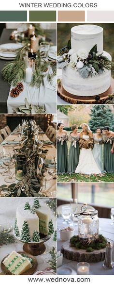 a collage of photos with green and white wedding colors in the middle one is an evergreen theme