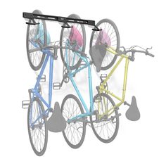 HEAVY-DUTY BIKE STORAGE: Koova Bike Rack is a sturdy, easy space-saving storage system for bikes and helmets; constructed to last a lifetime, simple to mount on a garage or shed wall.. EASY INSTALL: Includes hardware needed to mount in minutes - from bikes with training wheels, cruisers to mountain bikes, neatly store your bikes and helmets out of the way.. INDESTRUCTIBLE: Built to last, each steel component is cut and powder coated; our innovative design supports the bike’s weight while rubber encased hook cradles without damaging the rim, tires or spokes.. Koova Bike Rack 3-Bike Horizontal Bike Hook Rubber in Black | KV-BIKE3-V1 Wall Mounted Bike Storage, Garage Wall Organizer, Bike Rack Garage, Wall Mount Bike Rack, Bike Rack Wall, Bike With Training Wheels, Bike Hooks, Bike Wall Mount, Bike Storage Rack