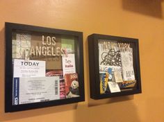 two framed pictures are hanging on the wall next to each other, one has a ticket for los angeles