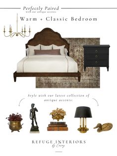 an image of a bedroom with furniture and accessories in it, including a bed, nightstand,