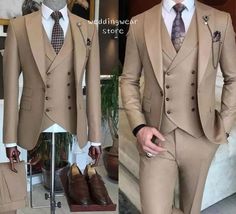 "This is a Classic 3 Piece Suit by wedding wear crafted from high quality fabric and imported materials. Our products are handcrafted by experienced tailors who make sure the that the stitching is precise, lining is proper and the overall product is sturdy enough to not go out of shape for more than a few years. Also all our products have extra margins in their length, sleeves, sides so it's easily alterable if your size changes after some time. To see more available colours and designs in this collection, Check out the 'Classic Two Piece Suits' Section. *This is a 3 piece set of a jacket and a trouser. *We also offer customization so we can provide you an even better fit if you massage us your measurements (in inches) of Chest, Stomach, Waist, Hip, Shoulder and Actual Height after orderin Mens Wedding Suits, Cream Suit, Ethnic Wedding, Man Suit, Stylish Man, Designer Suits For Men, Fashion Suits For Men, Groom Wear, Fashion Suits