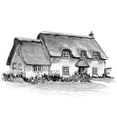 a black and white drawing of a thatched roof house with flowers in the foreground