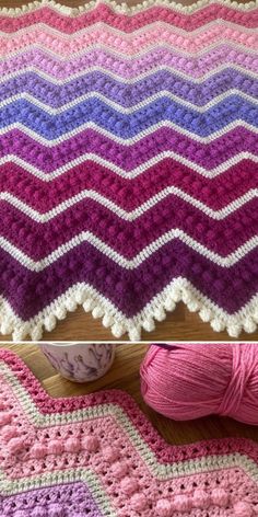 the crocheted afghan is next to a ball of yarn