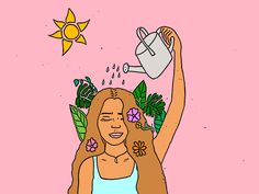 a woman is pouring water from a watering can into her head and flowers are in the background