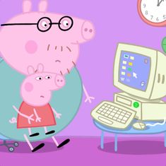 a cartoon pig is standing in front of a computer