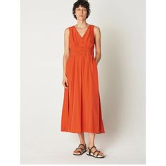 A Wide Strap Maxi Dress With V Neckline And Fitted At The Waist, With Three Sets Of Elasticated Gathers. We Like The Loop Button Closure On The Front And The Split With Tie On The Back. Cotelac Sizing Is From 1 To 4; This Is Size 4 Summer Cocktail Dresses With Buttons, Spring Viscose Dress With Buttons, Orange V-neck Dress With Buttons, Orange Free Size V-neck Maxi Dress, Grecian Dress, Wide Straps, Maxi Dress, Womens Dresses, Dresses