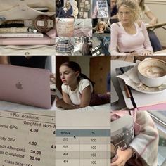 a collage of photos with women working on their laptops and other things in the background