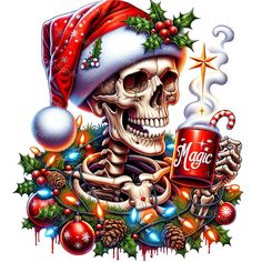 a skeleton wearing a santa hat and holding a cup