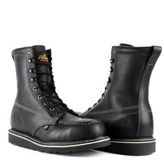 Style: 8046208 **Please allow 2 weeks or longer for shipment.** The Midnight Series 8″ black safety toe moc toe work boots are part of the popular American Heritage line. These black steel toe work boots give you added protection with the 8-inch shaft height, while the slip-resistant MAXWear Wedge™ outsole is slip and oil resistant. The durable Goodyear storm welt construction will give you years of worry-free wear, plus they can be easily resoled once the time comes. And, both the full-grain le Black Slip-resistant Moc Toe Waterproof Boots, Black Slip-resistant Waterproof Boots With Moc Toe, Black Waterproof Moc Toe Boots With Slip-resistant, Impact Resistant Moc Toe Work Boots, Impact Resistant Moc Toe Work Boots For Safety, Steel Toe Waterproof Moc Toe Boots For Construction, Safety Work Boots With Impact Resistant Moc Toe, Black Moc Toe Slip-resistant Work Boots, Black Slip-resistant Moc Toe Work Boots