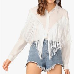 Brand New - Fringe Long Sleeve Button Up Blouse Size Xs Color: White Fringe Shirt, Sleeve Placket, Looks Country, Fringe Top, Fringe Trim, Casual Blouse, White Long Sleeve, Tie Dye Top, Long Tops