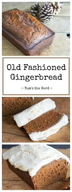 an image of old fashioned gingerbread bread with cream cheese frosting on the top