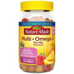 Nature Made Women's Multivitamin with Omega 3 Gummies are a dietary supplement formulated to help support bone health, immune health and energy metabolism(1). This gluten free multivitamin for women contains no artificial flavors, no synthetic dyes, no high fructose corn syrup, and no artificial sweeteners. This Nature Made multivitamin for women is a nutritional supplement that contains B Vitamins and Vitamin A, Vitamin C, Vitamin D3 and Vitamin E as well as heart healthy EPA and DHA Omega-3s. Immune System Vitamins, Multivitamin Supplements, Gummy Vitamins, Strawberry Lemon, Healthy Eyes, Vitamins For Women, Healthy Bones, Immune Health, Fish Oil