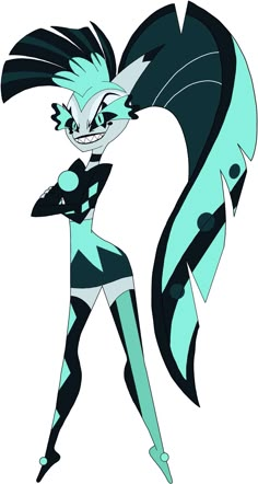 an image of a cartoon character with blue hair and black body, holding her arms out