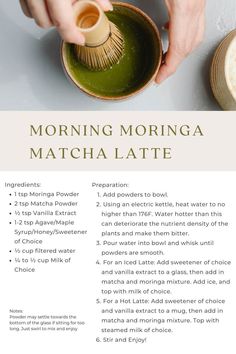 a person pouring something into a bowl with a green liquid in it and the words morning morniga matcha latte