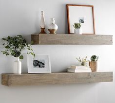 two wooden shelves with plants and pictures on them