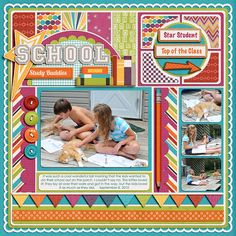 a scrapbook page with two girls and a dog