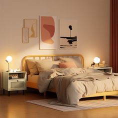 a bed room with a neatly made bed and two night stands on either side of the bed