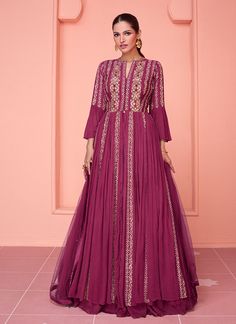 Pink Sequence Embroidery Designer Slit Style Anarkali Lehenga Indowestern Lehenga, Indo Western Gown, Party Wear Gowns, Gown With Dupatta, Anarkali Lehenga, Sequence Embroidery, Gown Party Wear, Party Wear Gown, Pink Gown