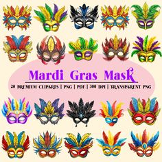 mardi gras mask clipart set with colorful feathers and masks on white background