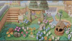 a painting of a garden with lots of flowers and animals in the grass, along with steps leading up to a bridge