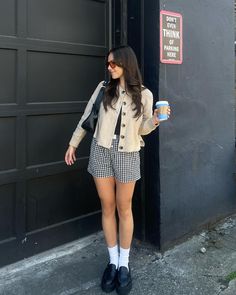 What makes your morning coffee run even better? Our 100% Organic Cotton Cropped Cardigan with its lightweight, cozy, and chic vibe. We love it here with some gingham shorts and classic black loafers. Always affordably priced at $49.90. Short And Cardigan Outfit, Copen Hagen Fashion, Outfit With Cropped Cardigan, Gingham Fall Outfit, Outfit Inspo Casual Chic, Farmhouse Clothing Style, La Fall Fashion, Sassy Outfits For Women, Chunky Mary Janes Outfit