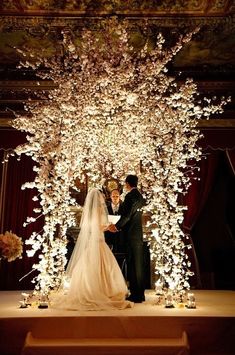 a bride and groom standing under a tree with white lights on it's branches