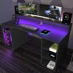 a computer desk with two monitors on top of it and a game controller next to it