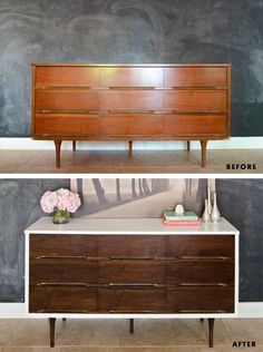 the before and after of a dresser makeover