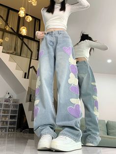 Machine wash and hang dry for optimal quality. Sizes usually run smaller than USA sizing, we recommend to size up once for correct sizing. Contact us for additional concerns. Wide Leg Jeans For Women, Vintage Jeans Style, High Rise Boyfriend Jeans, Retro Butterfly, Vintage Preppy, Butterfly Embroidery, Straight Trousers, Spring Women, Jeans For Women