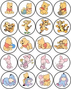 winnie the pooh cupcake toppers are shown in various colors and sizes, including pink