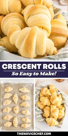 several different types of crescent rolls on trays with text overlay that reads crescent rolls so easy to make